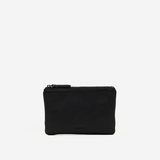 A small black pebbled leather zip pouch with a silver zipper pull, shown against a plain white background.
