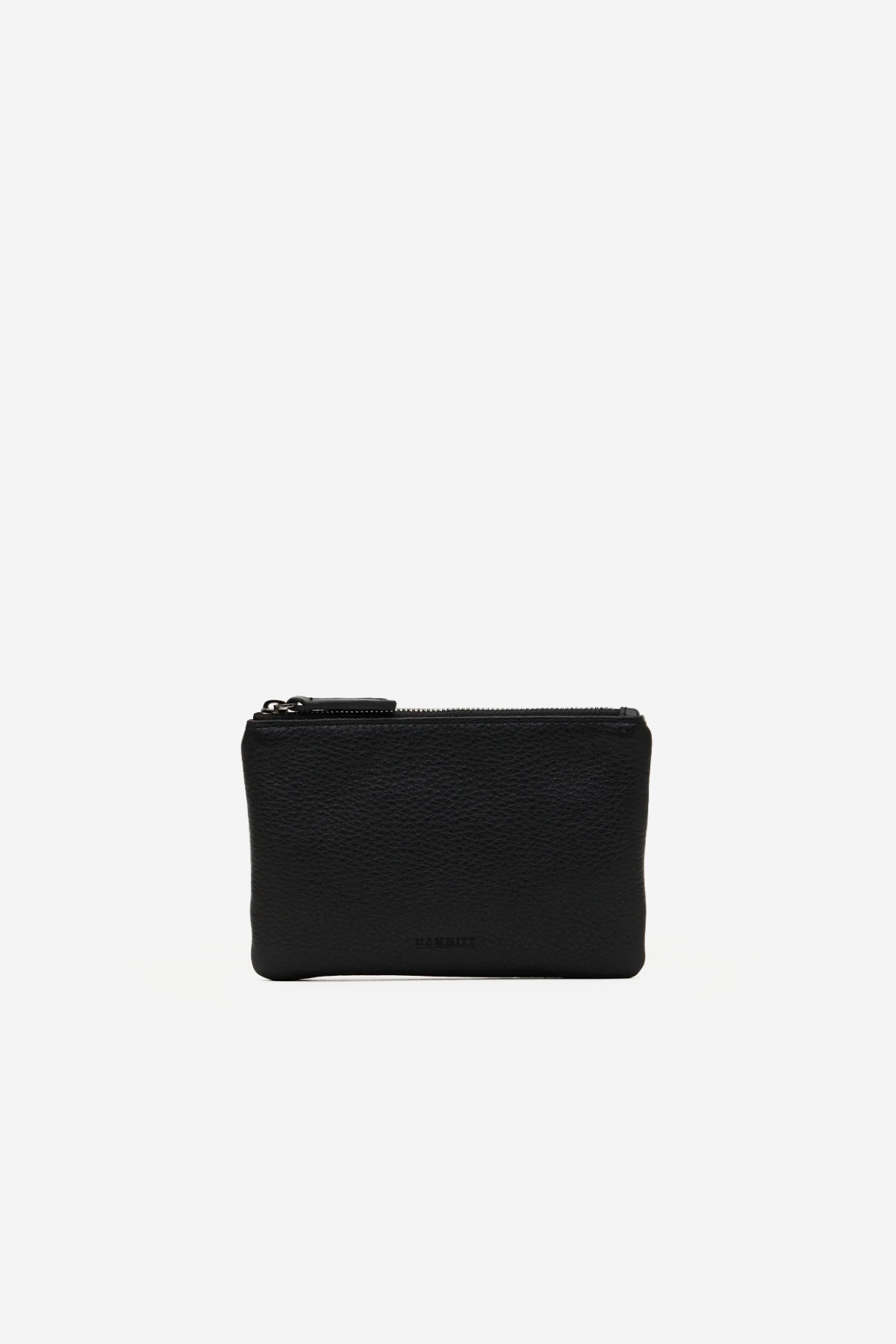 A small black pebbled leather zip pouch with a silver zipper pull, shown against a plain white background.