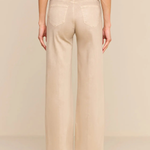 A model shown from the back wearing high-waisted, wide-leg beige pants with a matching beige belt, paired with an olive green top and green pointed-toe heels, set against a solid light beige background.
