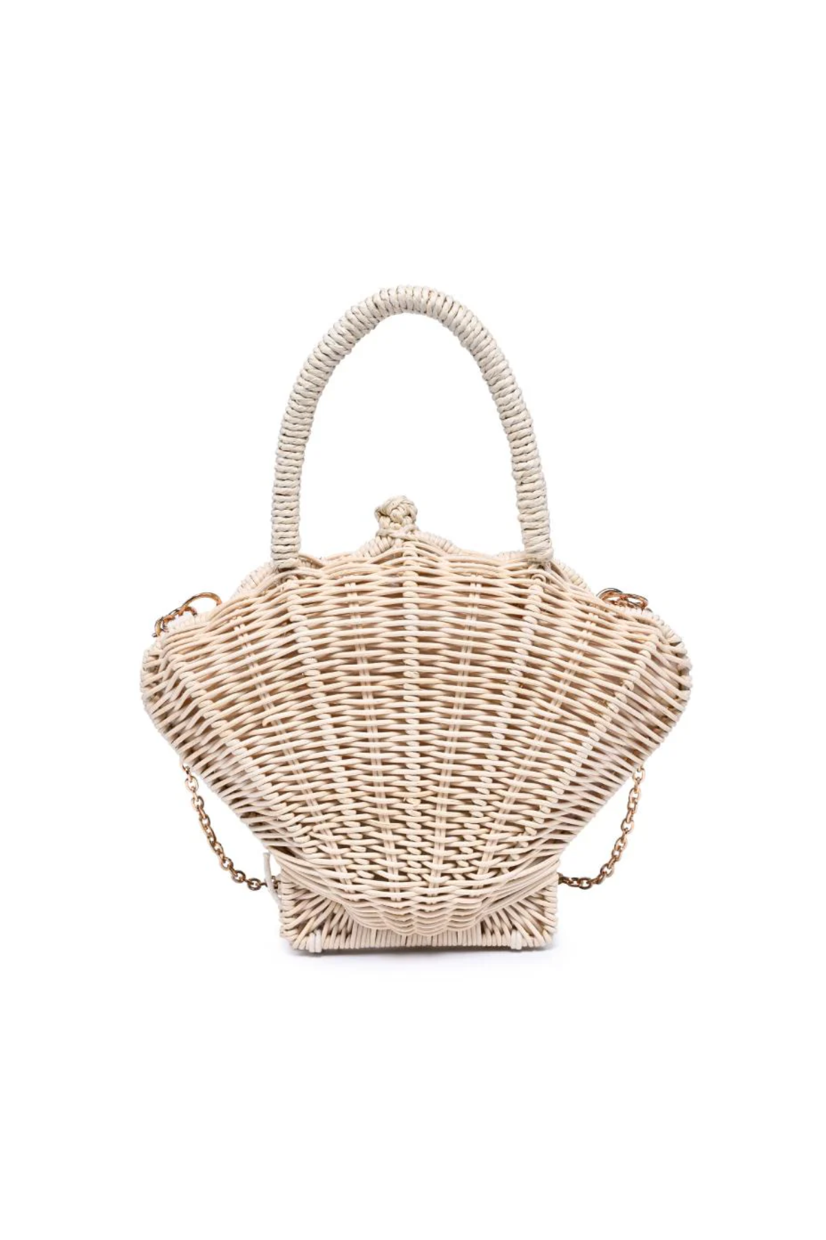 Wicker handbag shaped like a shell on a white background