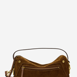 A brown suede shoulder bag with gold-tone hardware, a top handle, and a front zippered pocket, shown against a plain white background.