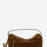 A brown suede shoulder bag with gold-tone hardware, a top handle, and a front zippered pocket, shown against a plain white background.