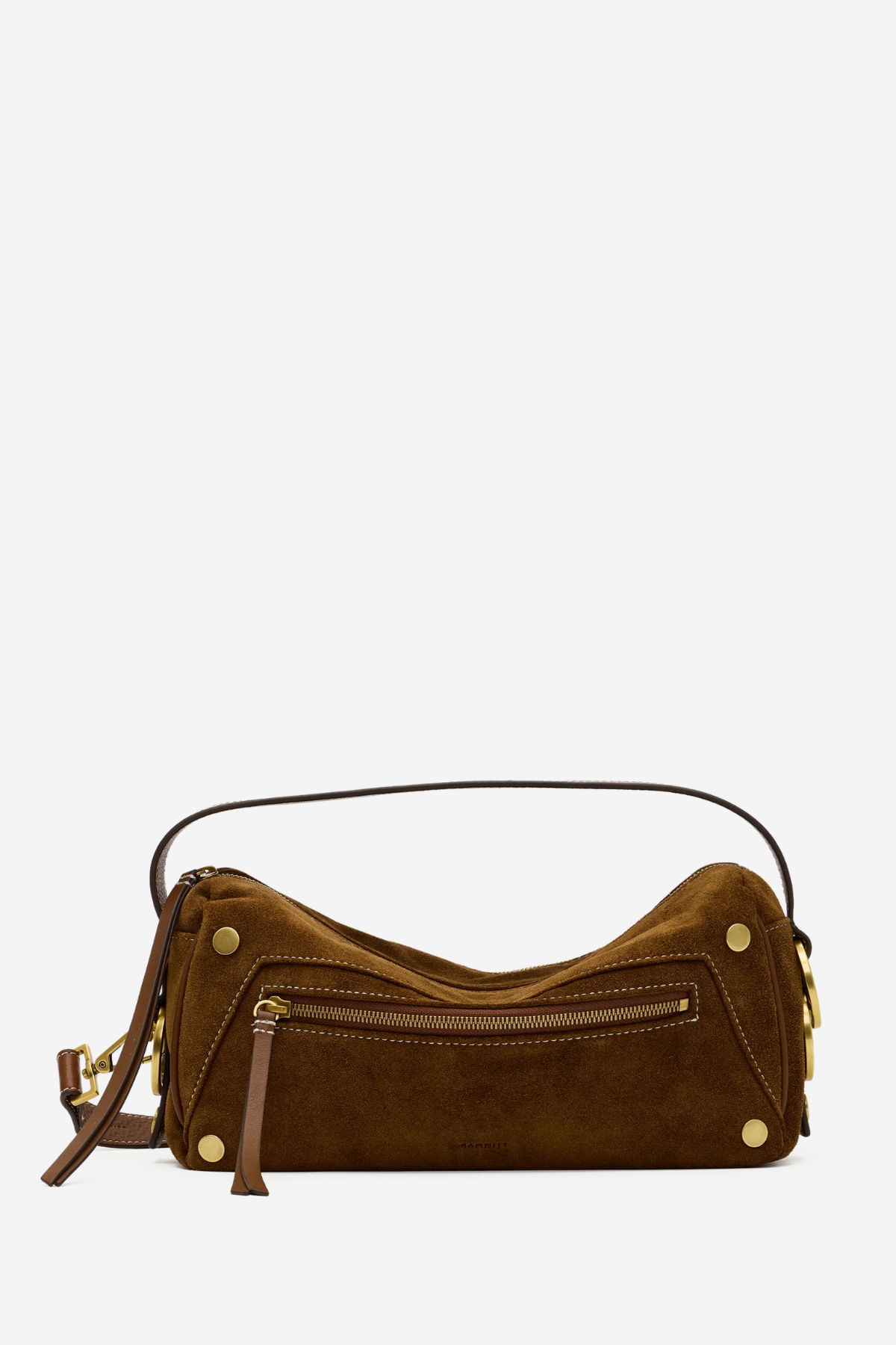 A brown suede shoulder bag with gold-tone hardware, a top handle, and a front zippered pocket, shown against a plain white background.