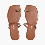 Pair of brown sandals with gold accents on a white background