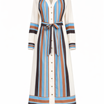 Long striped dress with a belt on a white background