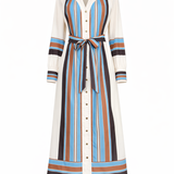 Long striped dress with a belt on a white background