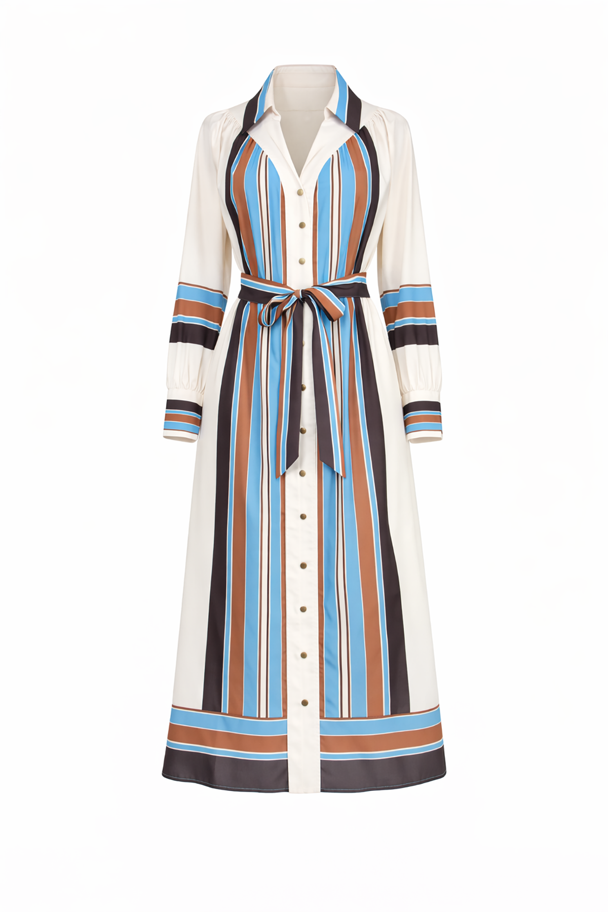 Long striped dress with a belt on a white background