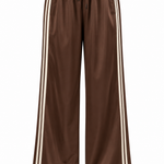 Women's brown pants featuring contrasting side stripes and a relaxed full-length silhouette.