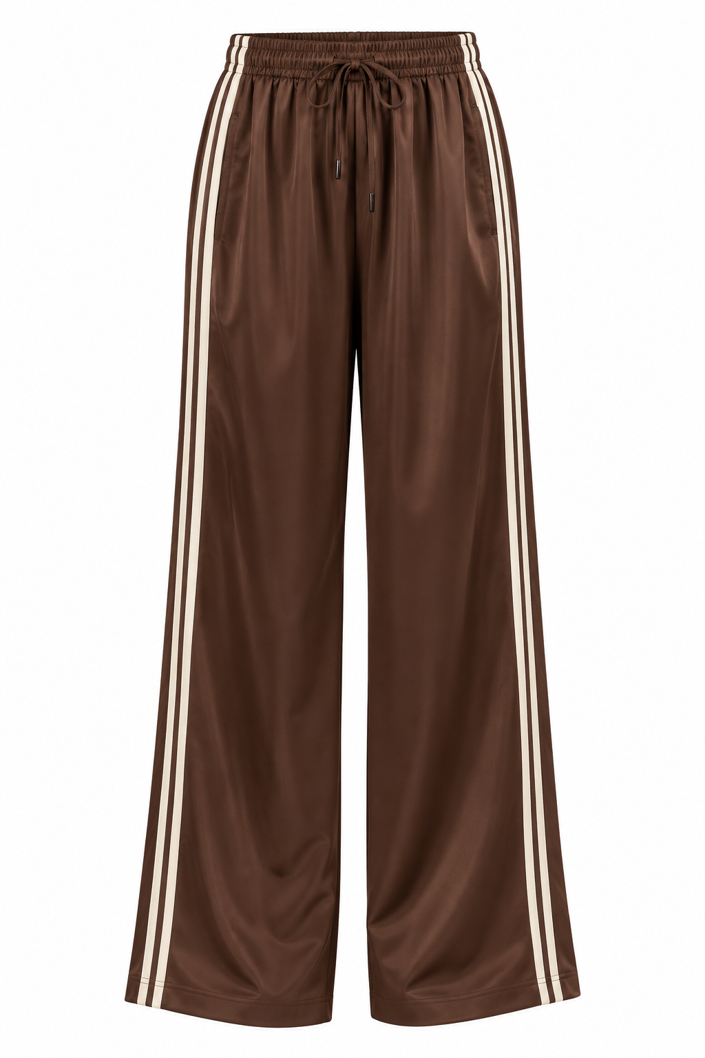 Women's brown pants featuring contrasting side stripes and a relaxed full-length silhouette.
