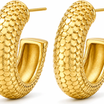 Gold hoop earrings with a textured pattern on a white background
