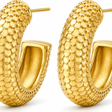 Gold hoop earrings with a textured pattern on a white background