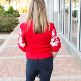 Red Short Sleeve Embroidered Sweater