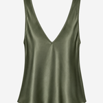 An olive green satin tank top with a deep V-neckline, displayed against a clean, light gray background.