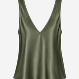 An olive green satin tank top with a deep V-neckline, displayed against a clean, light gray background.