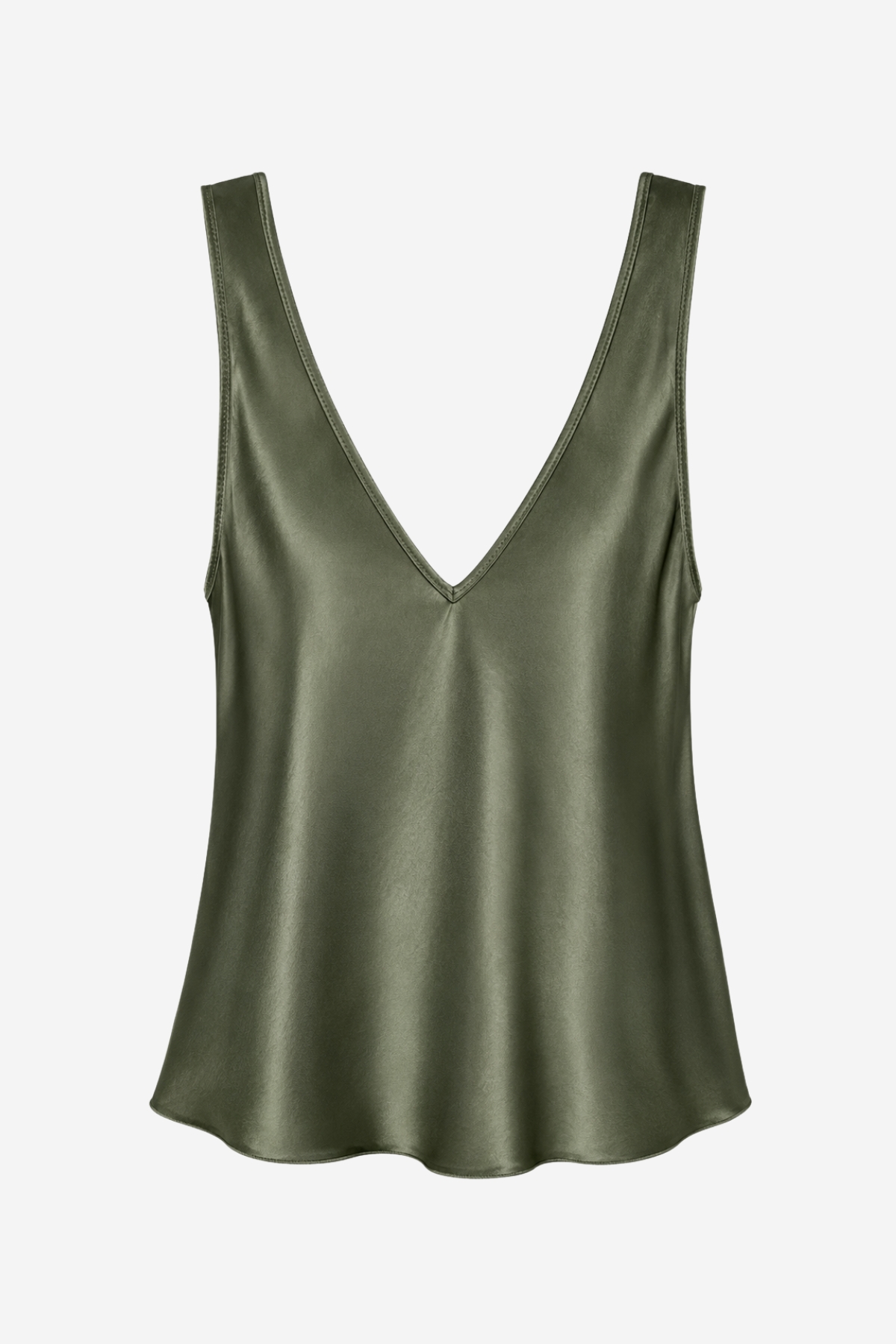 An olive green satin tank top with a deep V-neckline, displayed against a clean, light gray background.