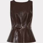 Women's dark brown faux leather sleeveless top featuring a fitted silhouette and sleek finish.