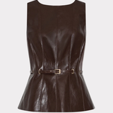 Women's dark brown faux leather sleeveless top featuring a fitted silhouette and sleek finish.