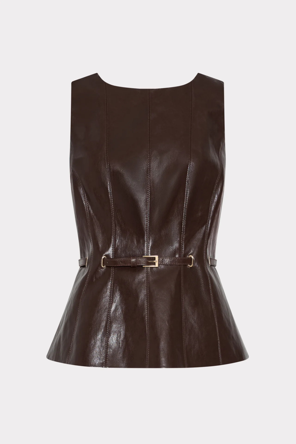 Women's dark brown faux leather sleeveless top featuring a fitted silhouette and sleek finish.