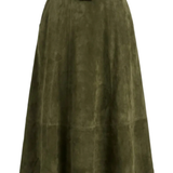 An olive green suede A-line skirt with a matching belt and rectangular buckle, shown against a plain white background.