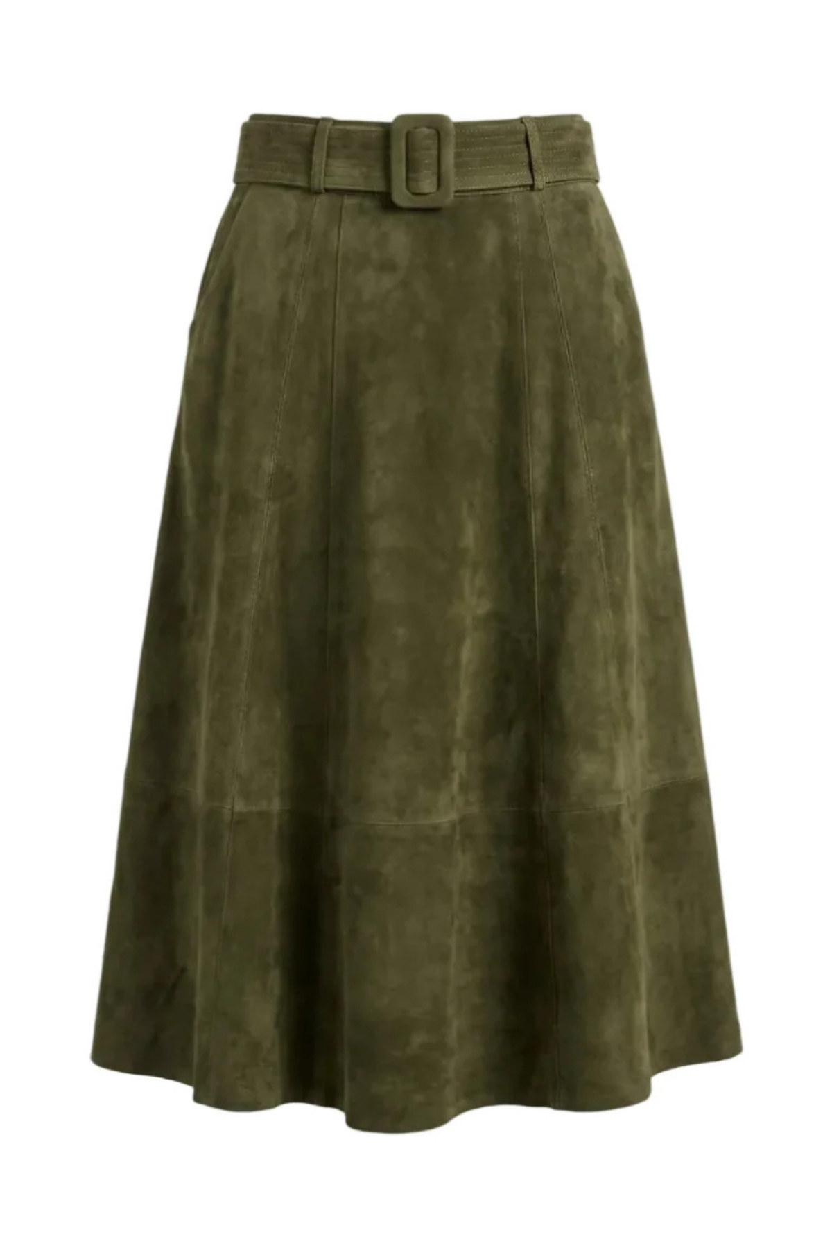 An olive green suede A-line skirt with a matching belt and rectangular buckle, shown against a plain white background.