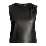 A black sleeveless top with a smooth, leather-like texture, photographed against a plain white background.