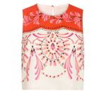 Top with red and pink floral pattern on a white background