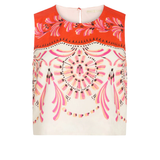Top with red and pink floral pattern on a white background