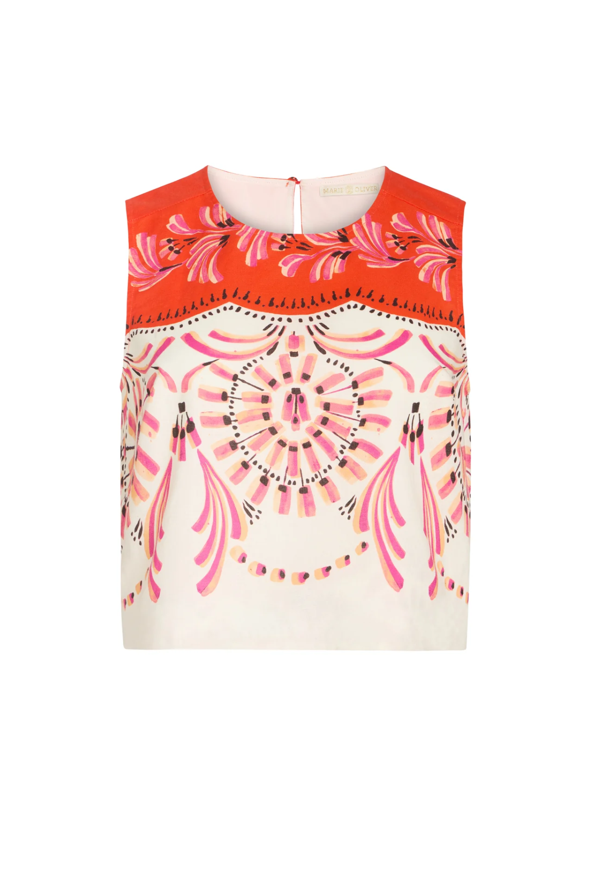 Top with red and pink floral pattern on a white background