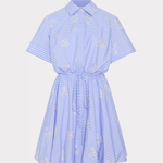 Blue and white striped dress with lace details on a light gray background