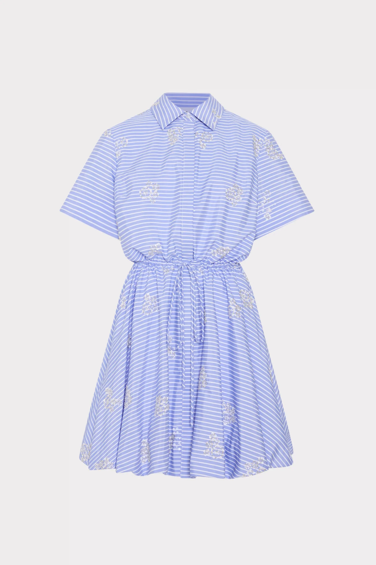 Blue and white striped dress with lace details on a light gray background