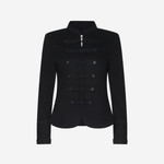 Women's black military-inspired jacket featuring long sleeves and a structured tailored silhouette.