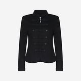 Women's black military-inspired jacket featuring long sleeves and a structured tailored silhouette.