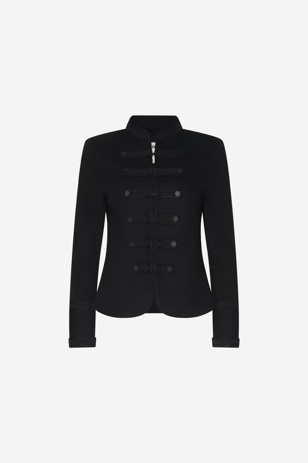 Women's black military-inspired jacket featuring long sleeves and a structured tailored silhouette.