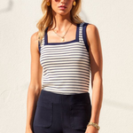 woman in stripe tank outside 