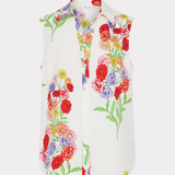 White sleeveless top with colorful floral pattern on a white background