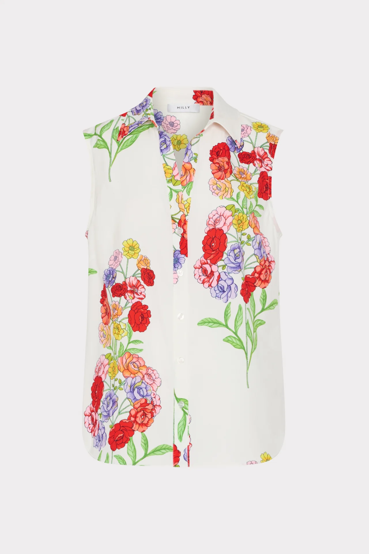 White sleeveless top with colorful floral pattern on a white background