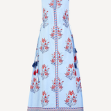 blue and red printed dress on white background