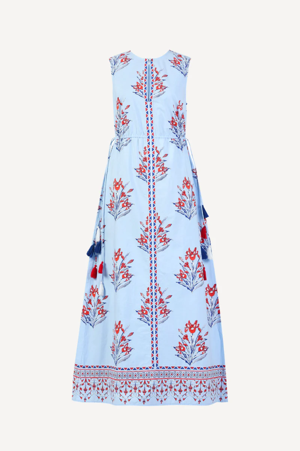 blue and red printed dress on white background