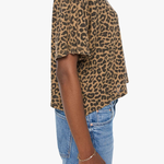 Model wearing a brown striped short-sleeve boxy ringer T-shirt with contrast trim and blue denim.