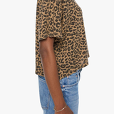 Model wearing a brown striped short-sleeve boxy ringer T-shirt with contrast trim and blue denim.