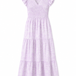 Women's lavender tiered midi dress featuring a flowing silhouette and feminine ruffle details.