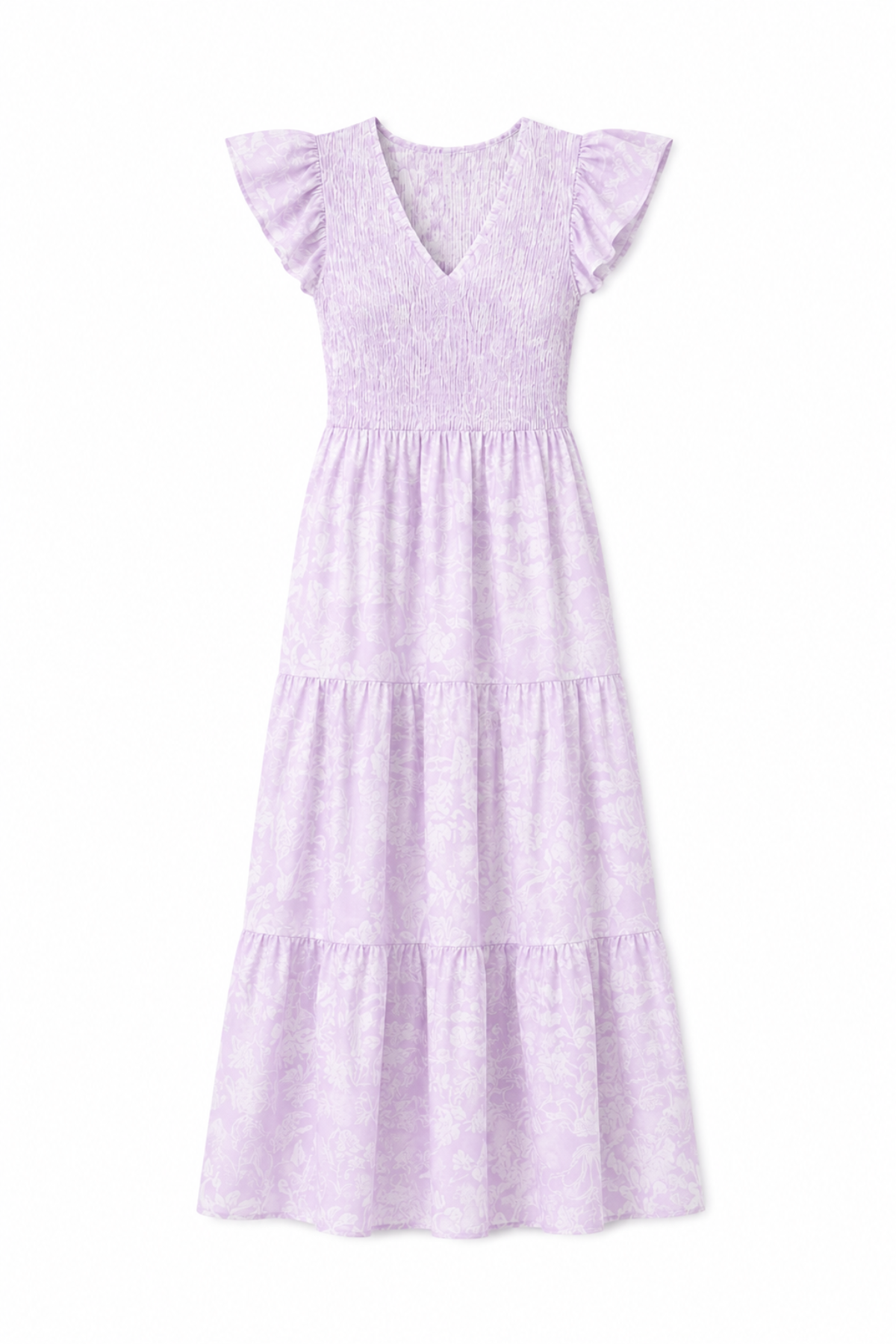 Women's lavender tiered midi dress featuring a flowing silhouette and feminine ruffle details.