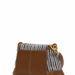 Brown leather handbag with striped pattern on a white background