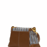 Brown leather handbag with striped pattern on a white background