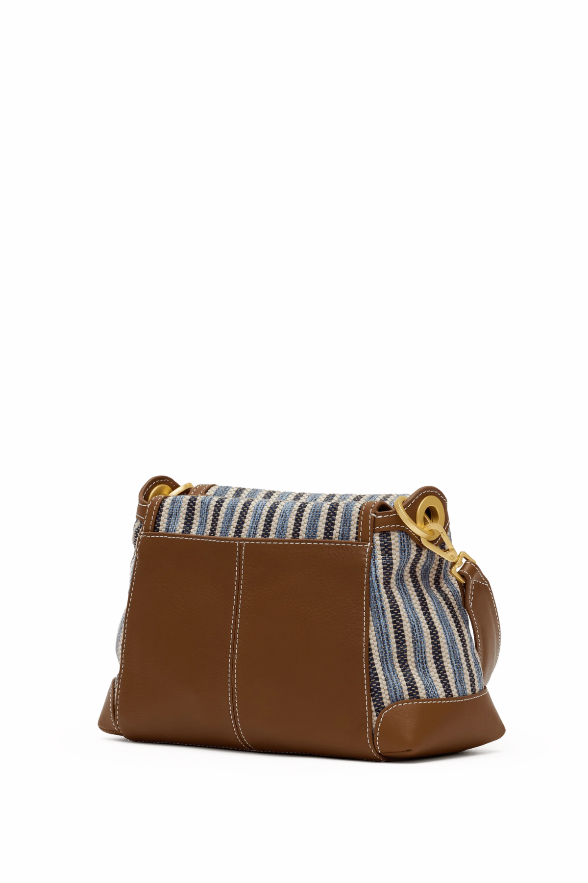 Brown leather handbag with striped pattern on a white background
