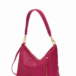 Pink handbag with gold accents on a white background