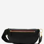 A black leather fanny pack with a gold zipper, a red accent line, and gold-tone hardware, shown against a plain white background.