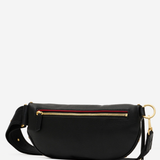 A black leather fanny pack with a gold zipper, a red accent line, and gold-tone hardware, shown against a plain white background.