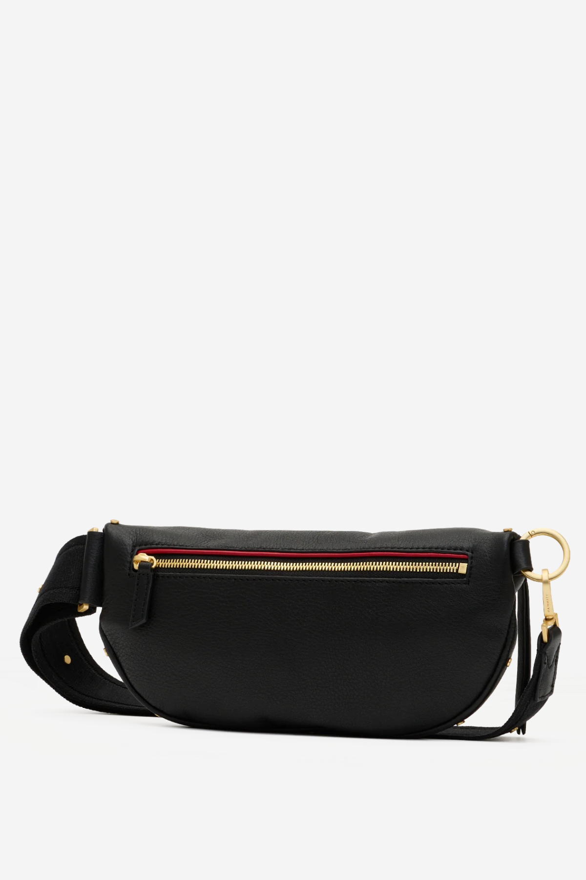 A black leather fanny pack with a gold zipper, a red accent line, and gold-tone hardware, shown against a plain white background.