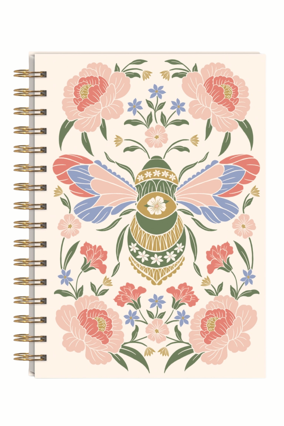 A spiral-bound notebook with a cream-colored cover featuring a symmetrical folk-art design of a decorated bee surrounded by pink flowers and green leaves.